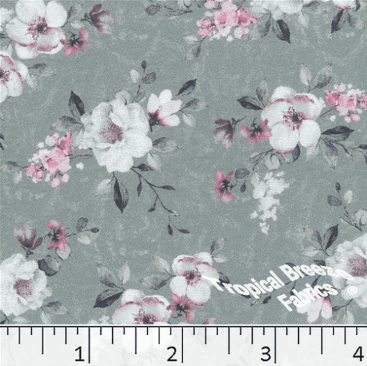 Dusty Jade Roses Dream Crepe Stretch Polyester Fabric