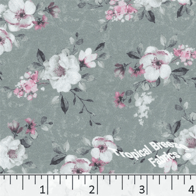 Dusty Jade Roses Dream Crepe Stretch Polyester Fabric