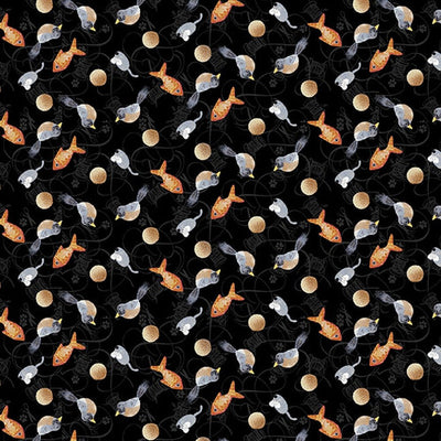 Henry Glass Quilted Kitties Tossed Fish Quilting Cotton Fabric- Black