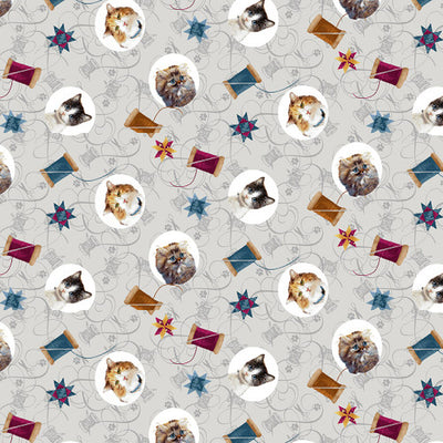 Henry Glass Quilted Kitties Cat Medallions Quilting Cotton Fabric- Gray