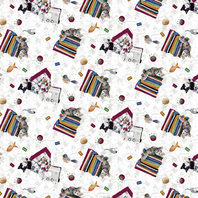 Henry Glass Quilted Kitties Cats and Fabrics Quilting Cotton Fabric- White