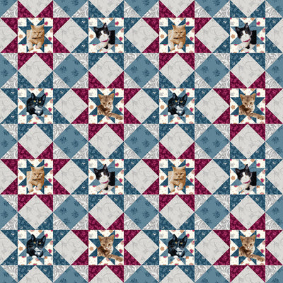 Henry Glass Quilted Kitties Patchwork Quilting Cotton Fabric- Blue