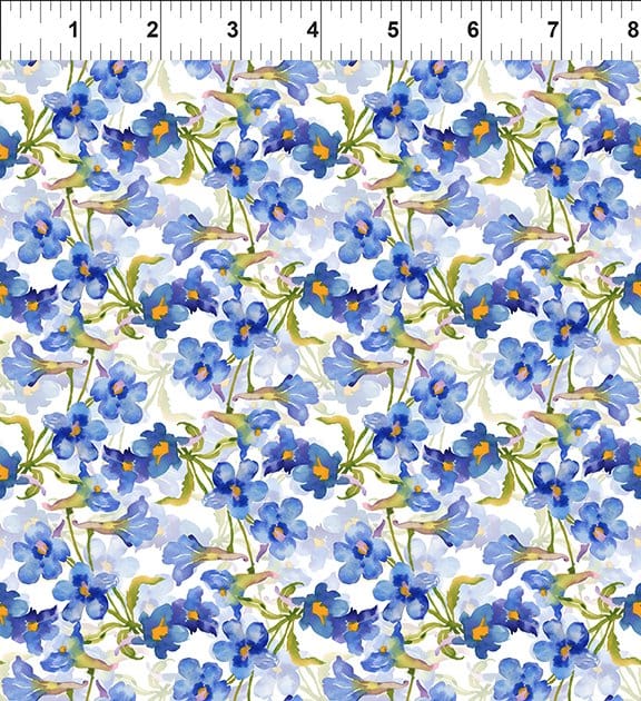 In the Beginning Decoupage Flowers Quilting Cotton Fabric- Blue