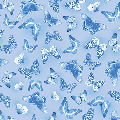 Benartex Blueberry Hill True Blue Butterflies Quilting Cotton Fabric- Light Blue
