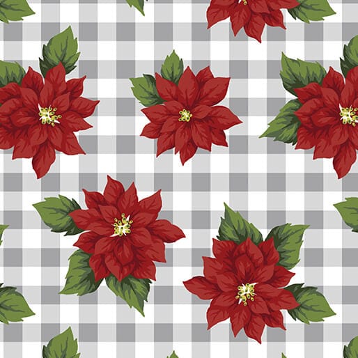 Benartex Holiday At Home Poinsettia Check Quilting Cotton Fabric- Grey