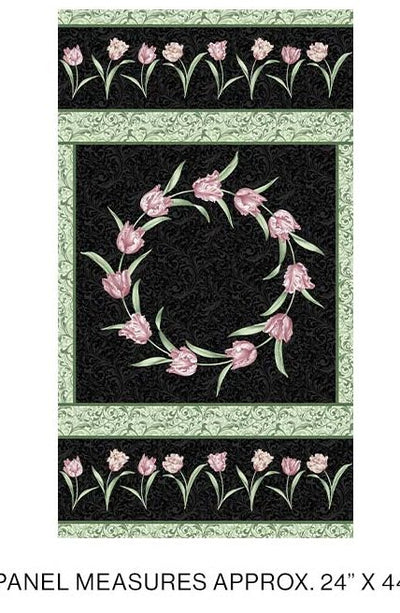 Benartex Evelyn's Etched Tulips Etched Tulips Panel Quilting Cotton Fabric- Black