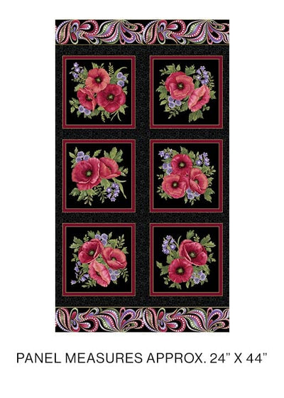 Benartex Amazing Poppies Amazing Poppies Panel Quilting Cotton Fabric- Black/Multi