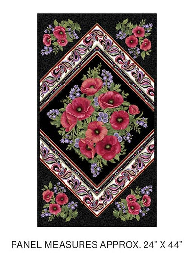 Benartex Amazing Poppies Poppies on Point Panel Quilting Cotton Fabric- Black/Multi