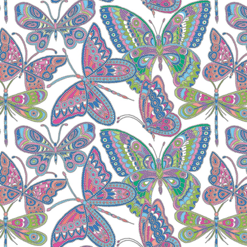 Benartex Blooming Denim Blooming Butterflies Quilting Cotton Fabric- White