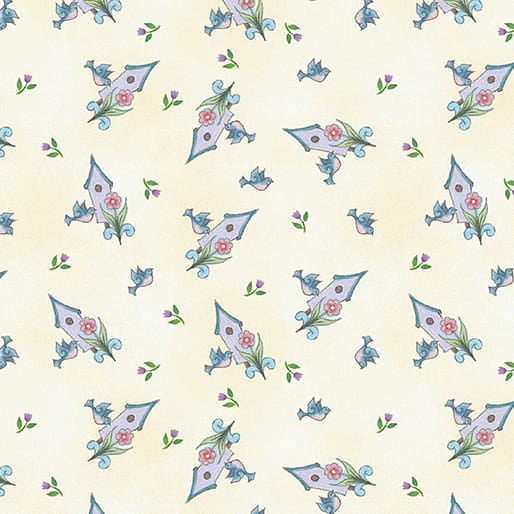 Benartex Garden Birdhouse Toss Quilting Cotton Fabric- Light Yellow
