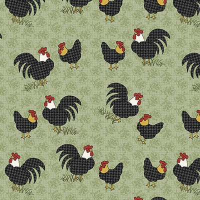 Benartex Heartland Field Roosters Quilting Cotton Fabric- Light Green