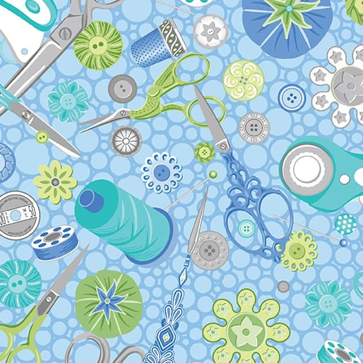 Benartex Sewing Room Tools Cotton Fabric- Sky
