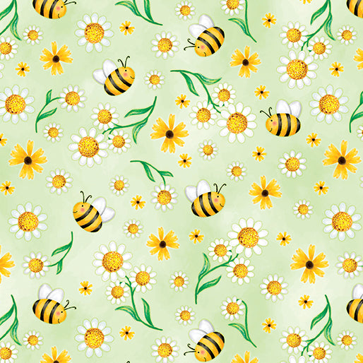Benartex Sunshine Days Daisies & Bees Quilting Cotton Fabric- Green