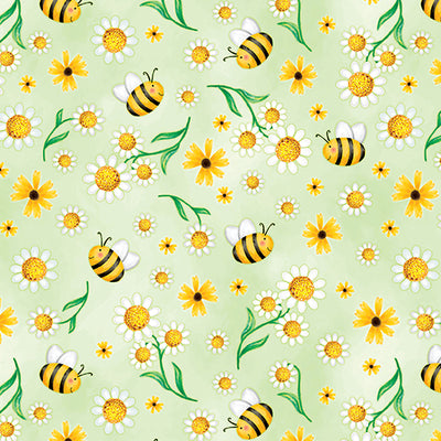 Benartex Sunshine Days Daisies & Bees Quilting Cotton Fabric- Green