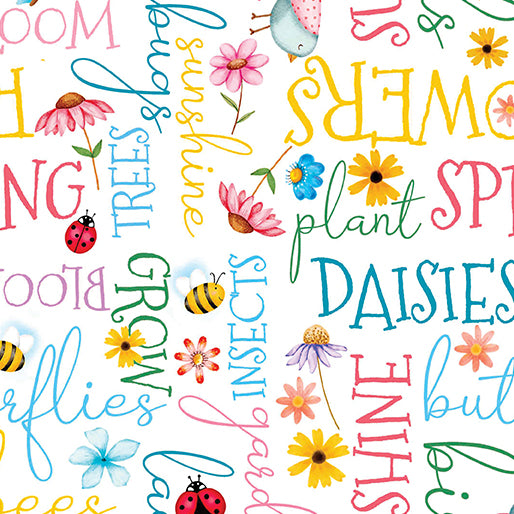 Benartex Sunshine Days Sunny Words Quilting Cotton Fabric- White