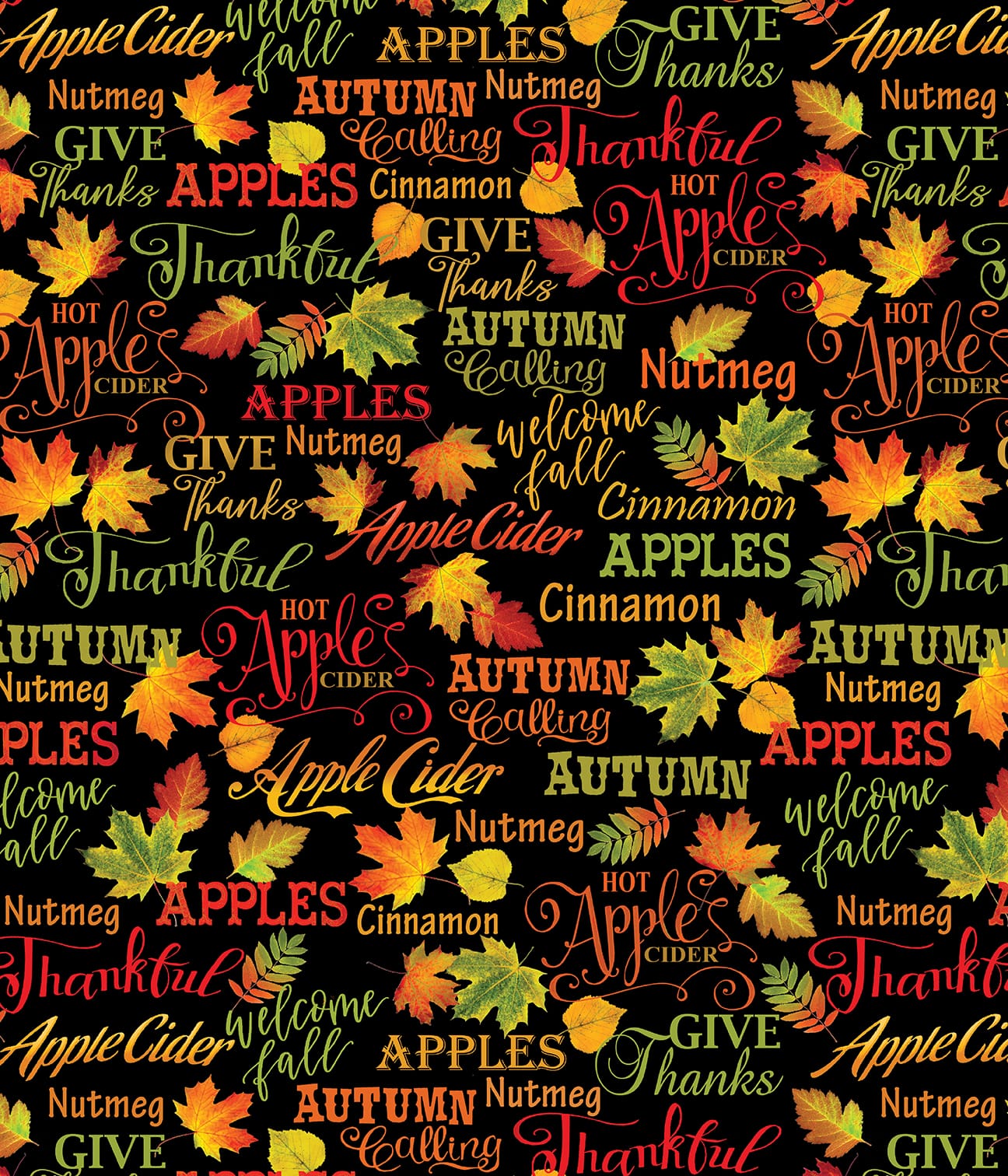 Benartex Cider House Autumnal Words Quilting Cotton Fabric- Black