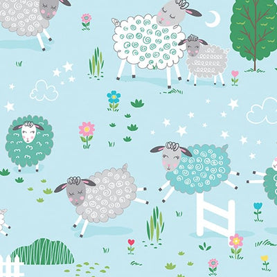 Benartex Sweet Little Lamb Little Lamb Scenic Quilting Cotton Fabric- Sky Blue