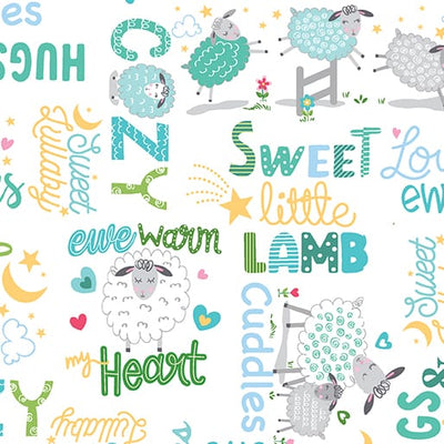 Benartex Sweet Little Lamb Sweet & Cozy Words Quilting Cotton Fabric- White