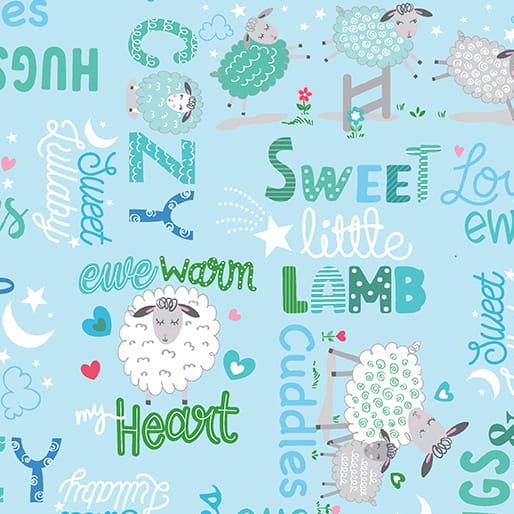 Benartex Sweet Little Lamb Sweet & Cozy Words Quilting Cotton Fabric- Sky Blue