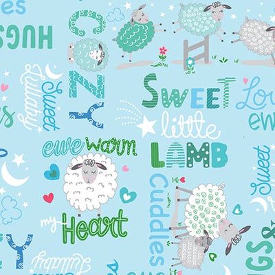 Benartex Sweet Little Lamb Sweet & Cozy Words Quilting Cotton Fabric- Sky Blue