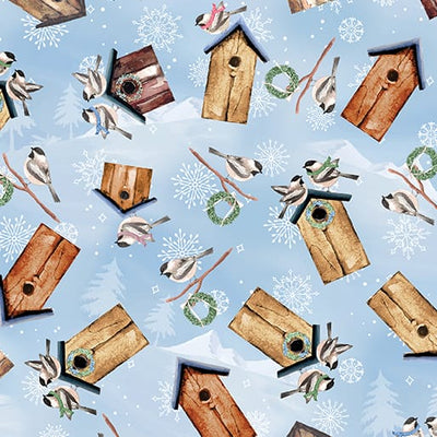 Benartex Woodland Wonderland Woodland Birdhouses Quilting Cotton Fabric- Light Blue