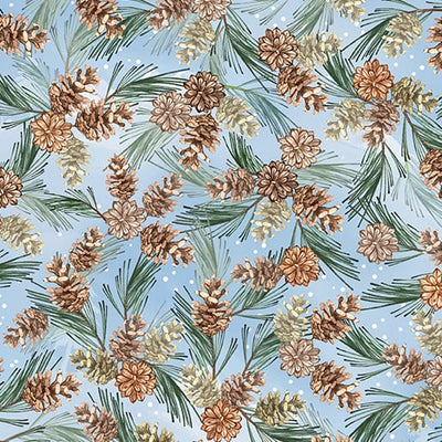 Benartex Woodland Wonderland Woodland Pinecones Quilting Cotton Fabric- Light Blue