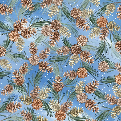 Benartex Woodland Wonderland Woodland Pinecones Quilting Cotton Fabric- Medium Blue