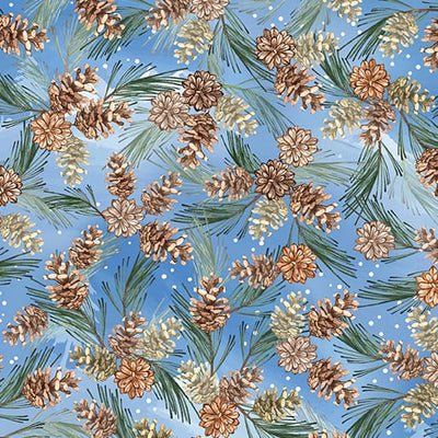 Benartex Woodland Wonderland Woodland Pinecones Quilting Cotton Fabric- Medium Blue