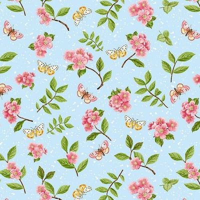 Henry Glass Enchanted Forest Butterflies and Flowers Quilting Cotton Fabric- Light Blue