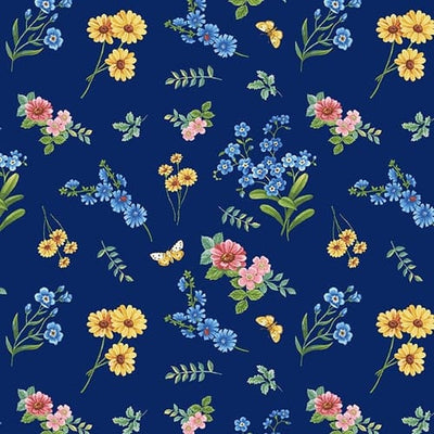 Henry Glass Enchanted Forest Tossed Flowers Quilting Cotton Fabric- Blue