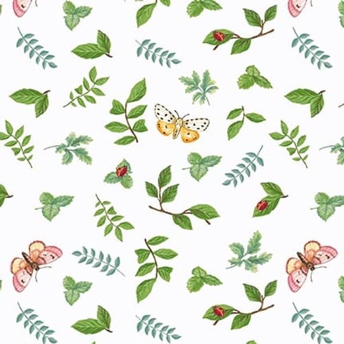 Henry Glass Enchanted Forest Leaves and Butterflies Quilting Cotton Fabric- White/Multi