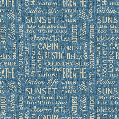 Benartex Burlap Woods Cabin Words Quilting Cotton Fabric- Marine Blue