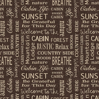 Benartex Burlap Woods Cabin Words Quilting Cotton Fabric- Espresso
