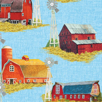 Benartex Something To Crow About Barnyard Barns Quilting Cotton Fabric- Sky