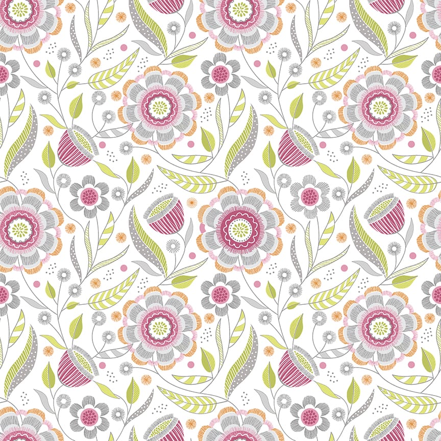 Benartex Stitch Garden Floral Quilting Cotton Fabric- Rose/Lime