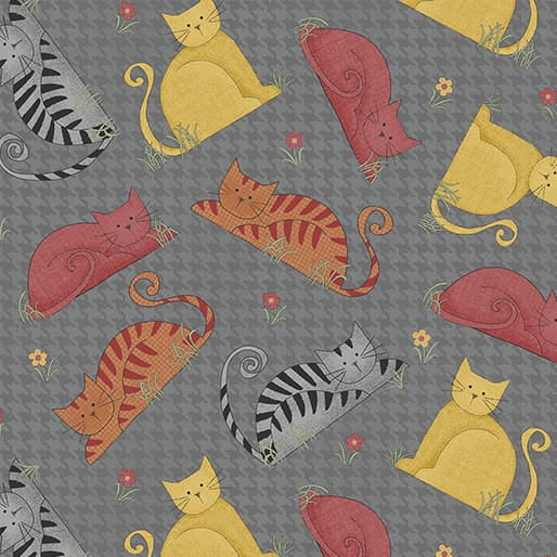 Benartex Wooly Cats Tossed Cats Quilting Cotton Fabric- Houndstooth Grey Multi