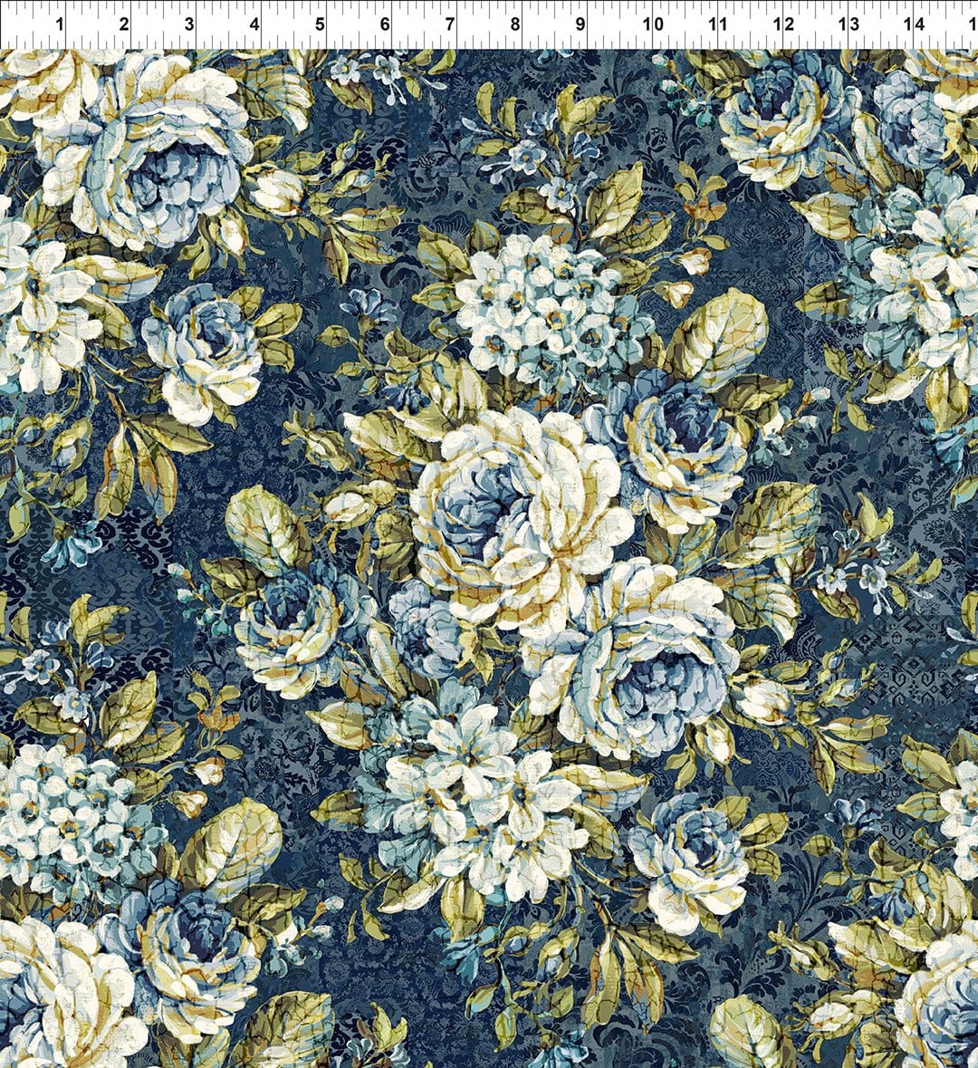 In the Beginning Carpet Bag Romance Bouquet Quilting Cotton Fabric- Blue