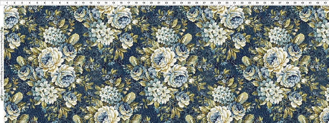 In the Beginning Carpet Bag Romance Bouquet Quilting Cotton Fabric- Blue