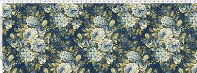 In the Beginning Carpet Bag Romance Bouquet Quilting Cotton Fabric- Blue