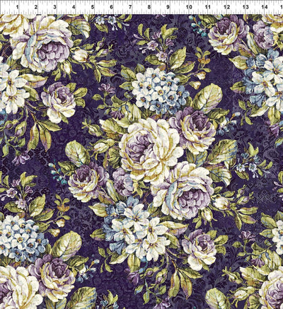 In the Beginning Carpet Bag Romance Bouquet Quilting Cotton Fabric- Purple