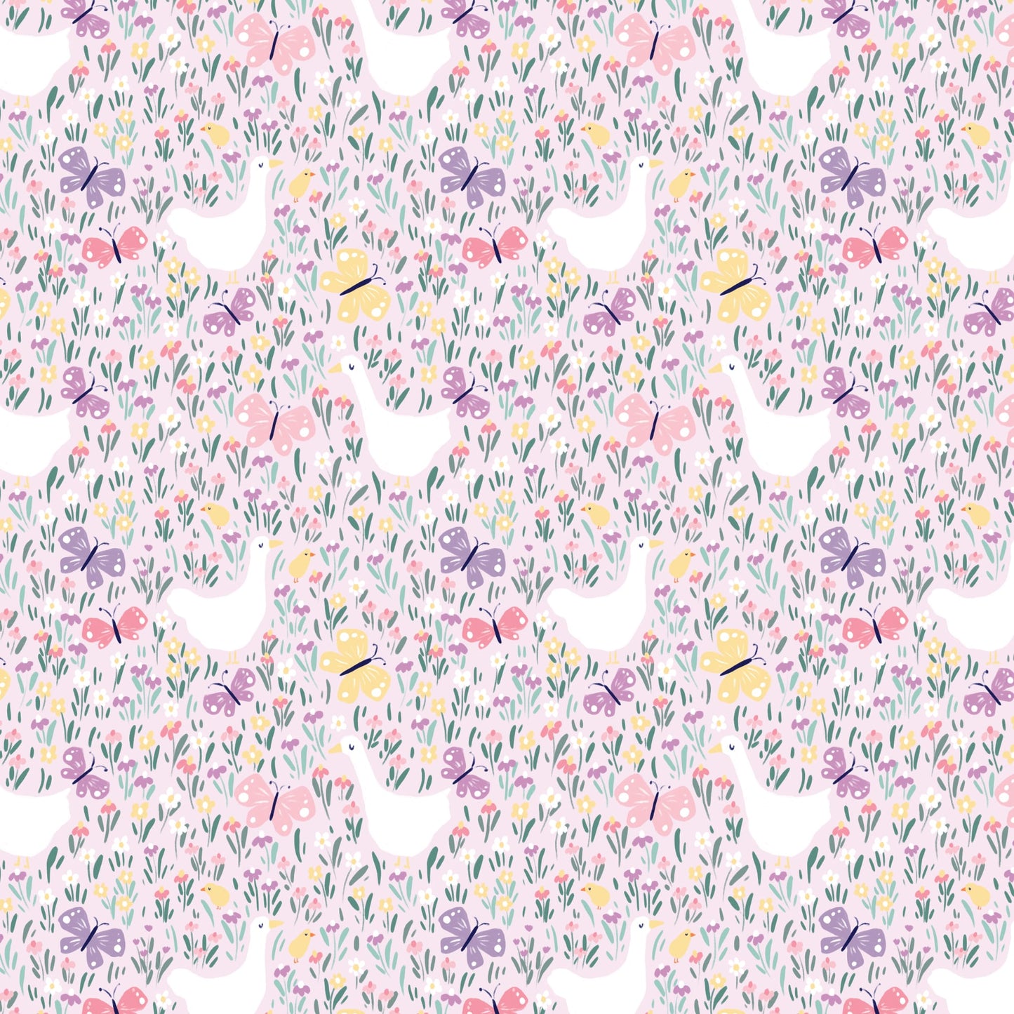 Organic Cloud 9 Fabrics Bunny Blossoms Geese and Butterflies Organic Quilting Cotton Fabric- Pink/Multi