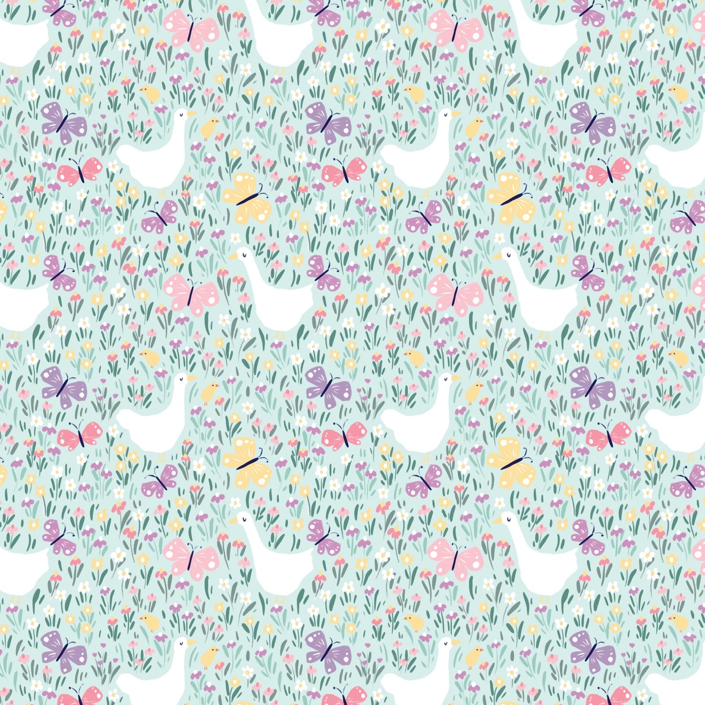 Organic Cloud 9 Fabrics Bunny Blossoms Geese and Butterflies Organic Quilting Cotton Fabric- Green/Multi