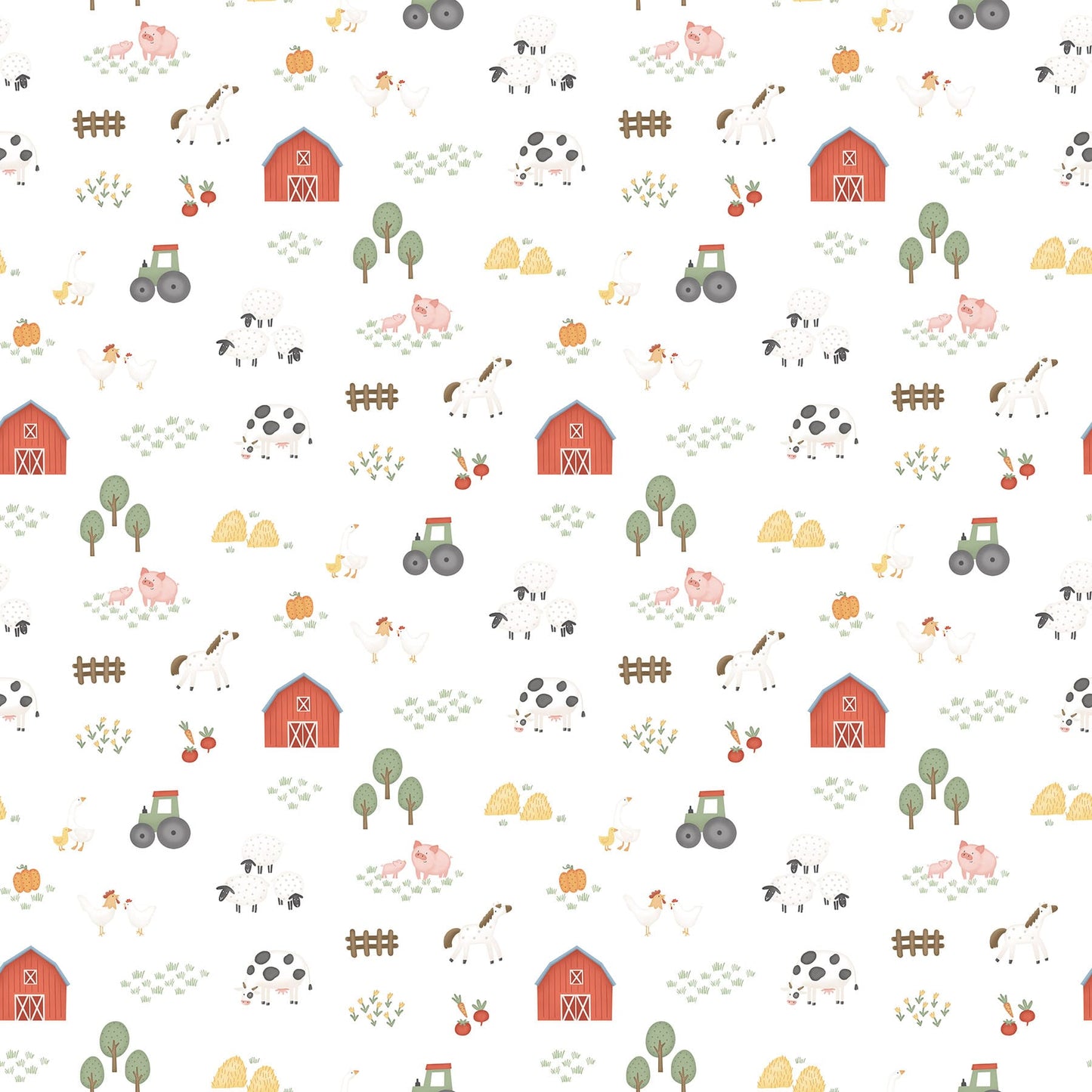 Northcott Quack Quack Moo Tossed Barnyard Quilting Cotton Fabric- White Multi