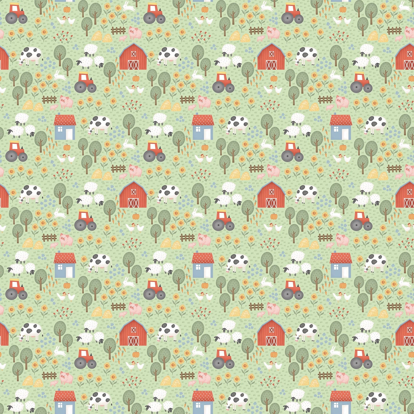 Northcott Quack Quack Moo Packed Barnyard Quilting Cotton Fabric- Green Multi