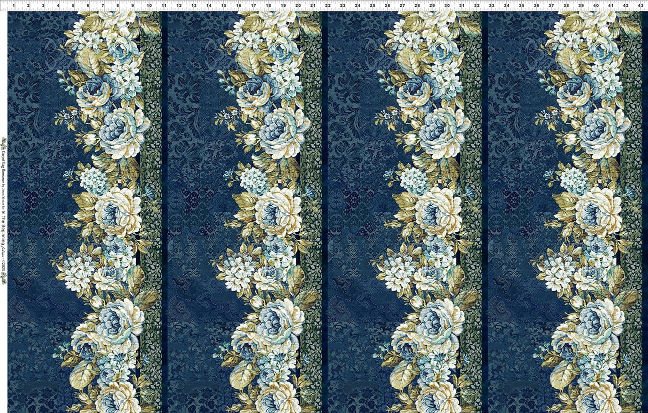 In the Beginning Carpet Bag Romance Border Quilting Cotton Fabric- Blue