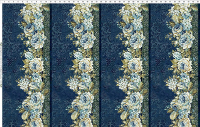 In the Beginning Carpet Bag Romance Border Quilting Cotton Fabric- Blue