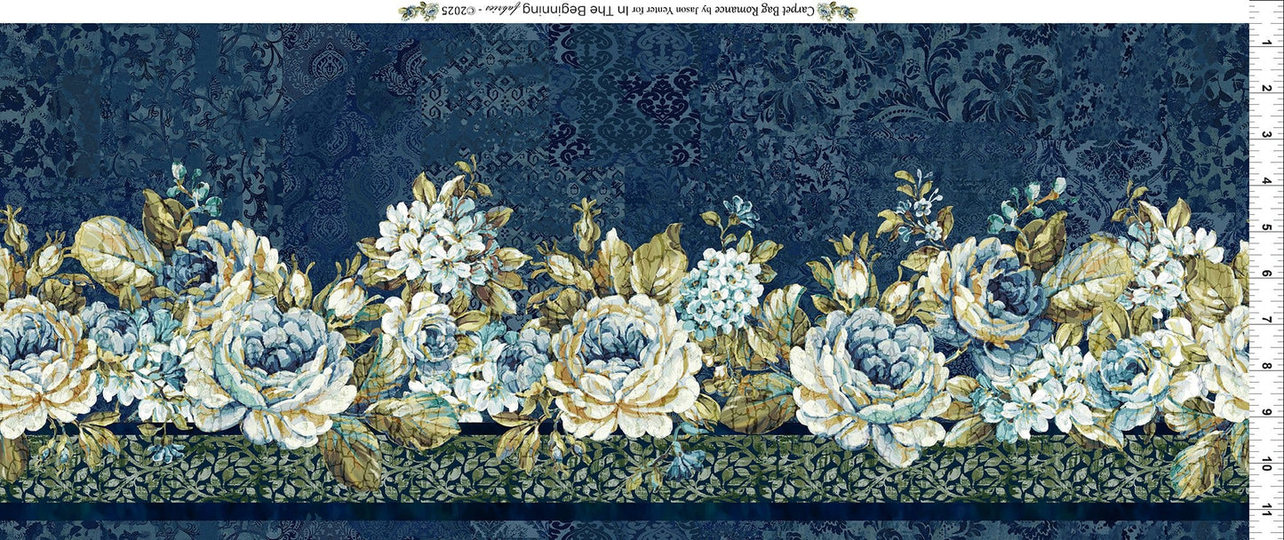 In the Beginning Carpet Bag Romance Border Quilting Cotton Fabric- Blue
