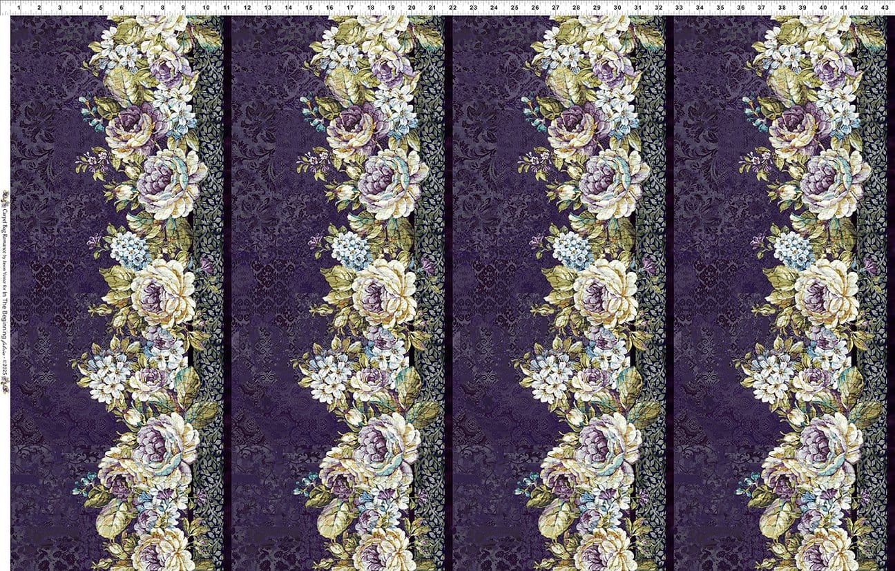 In the Beginning Carpet Bag Romance Border Quilting Cotton Fabric- Purple