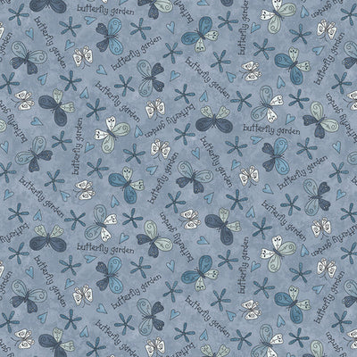 Henry Glass Butterflies and Bloom Butterfly and Words Quilting Cotton Fabric- Light Blue