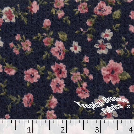 Navy Floral Ribbed Knit Fabric